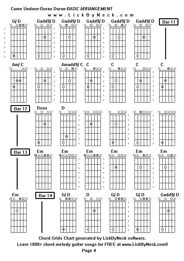 Chord Grids Chart of chord melody fingerstyle guitar song-Come Undone-Duran Duran-BASIC ARRANGEMENT,generated by LickByNeck software.